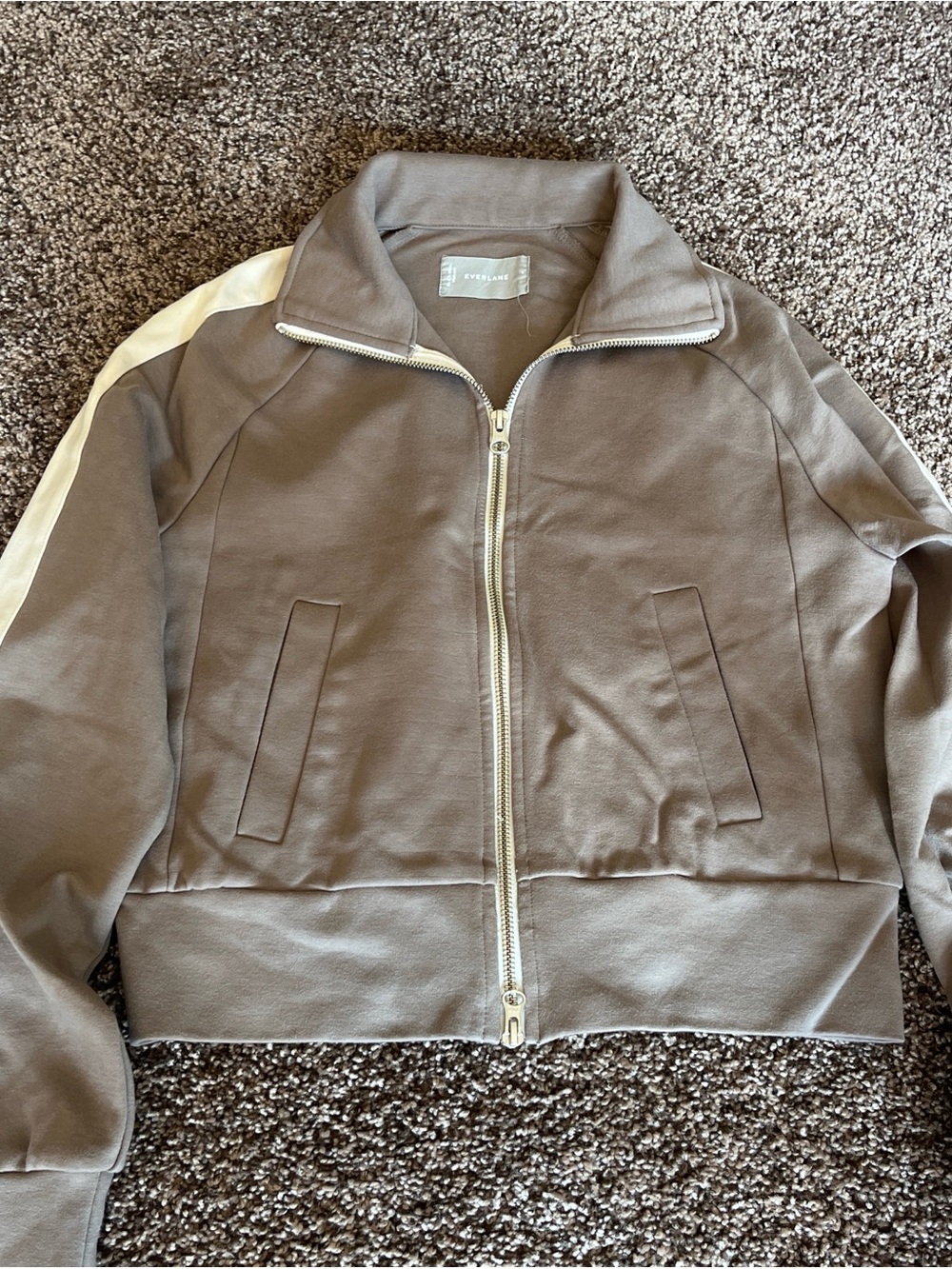 Everlane Taupe Zip-Front Track Jacket with White Shoulder Stripe